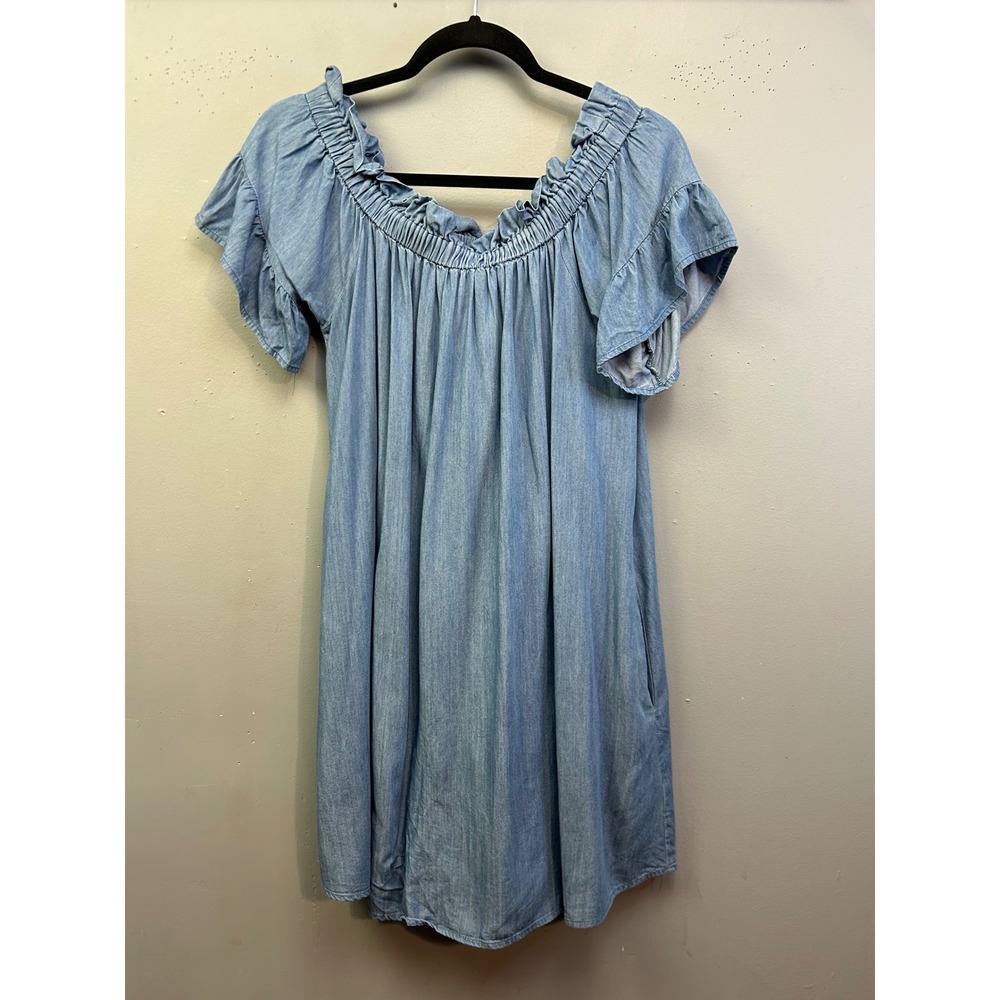 Umgee Dress Womens Large Blue Chambray Off Shoulder Ruffle Pocket Boho Mini